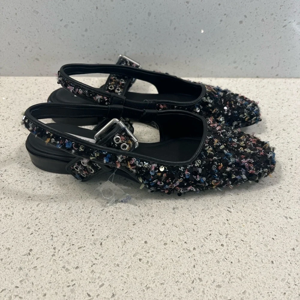 NWOB Rag & Bone Astra Black Boucle & Sequin Slingback Flat Shoes Size 36 US 6